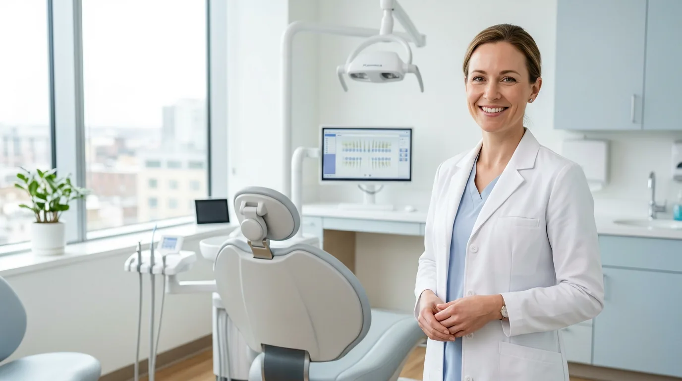 Dentist smiling in a bright modern treatment room