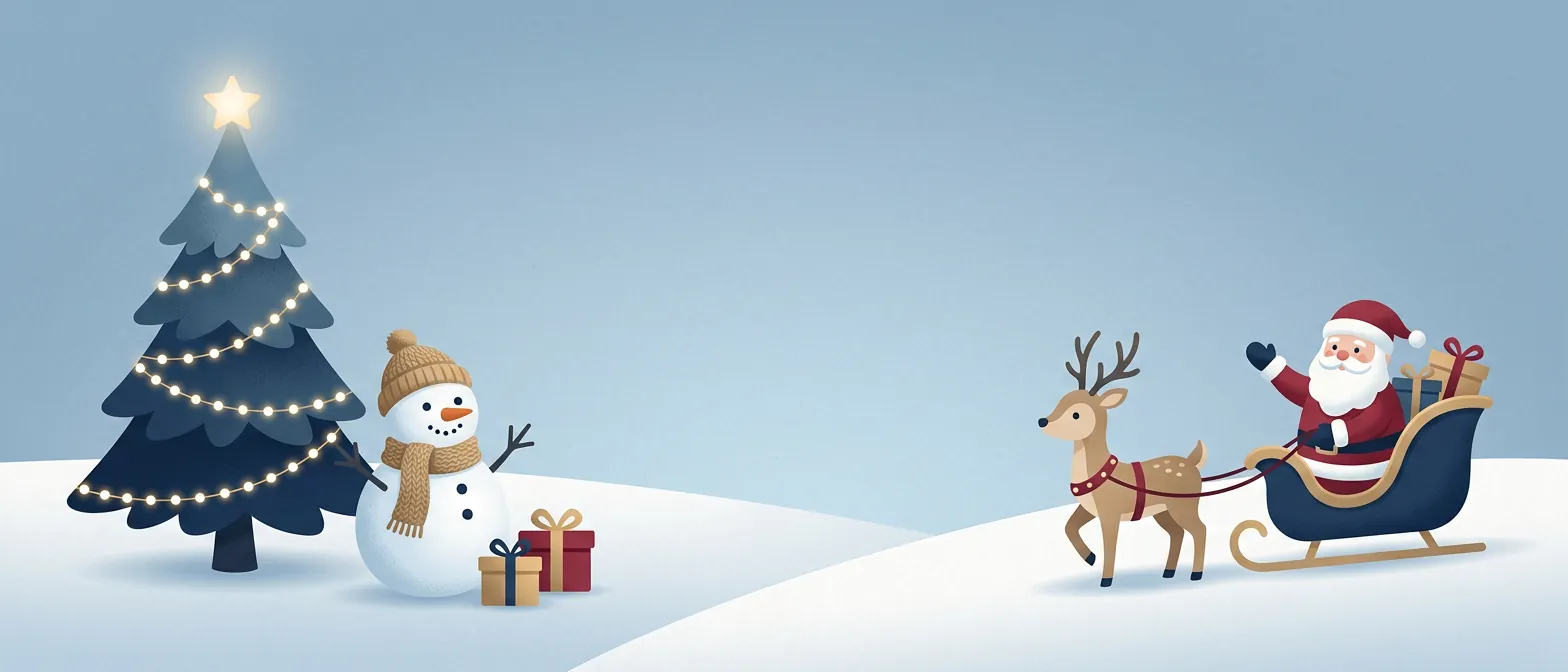 Illustrated winter wonderland with a Christmas tree, Santa, reindeer, snowman, and wrapped gifts
